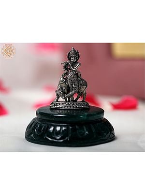 Silver Lord Krishna Playing Flute with Cow on Green Aventurine Pedestal