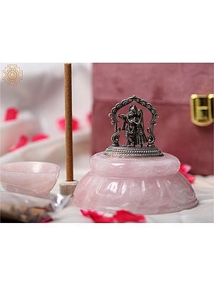 3" Small Silver Radha Krishna on Rose Quartz Gemstone Pedestal with Diya | Gift Box