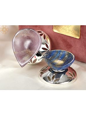 Pair of Gemstone Colorful Diya with Silver Plated Stand | with Gift Box