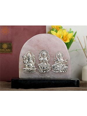 9" .999 Silver Ganesha Lakshmi Saraswati on Rose Quartz Gemstone