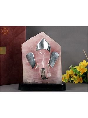 9" Natural Rose Quartz Gemstone Ganesha Statue with .999 Silver Work