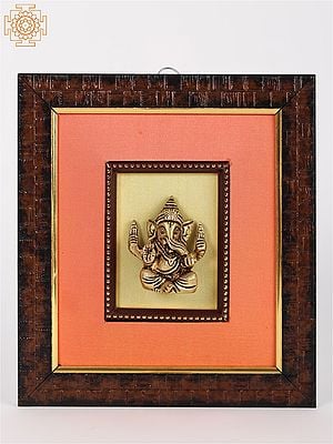 9" Wooden Framed Chaturbhuja Lord Ganesha in Brass | Wall Hanging