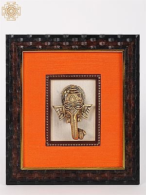 9" Wooden Framed Lord Ganapati Face in Brass | Wall Hanging