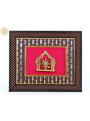 13" Wooden Framed Lord Karttikeya with Devasena and Valli in Brass | Wall Hanging