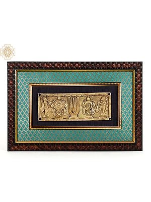 14" Vaishnava Symbols with Garuda and Hanuman | Wood and Brass Wall Hanging Frame