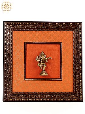 13" Wooden Framed Dancing Lord Ganesha in Brass | Wall Hanging