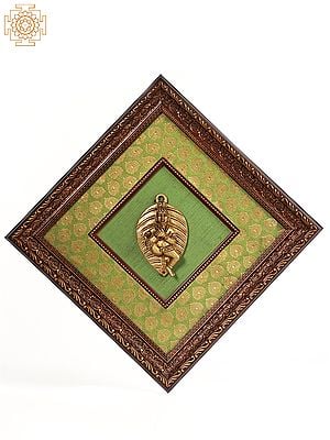 13" Wooden Framed Baby Krishna on Leaf in Brass | Wall Hanging