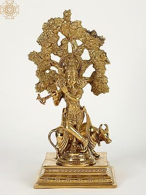 17" Lord Krishna With Kalpavriksha And Cow | Brass Statue