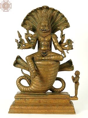 22" Superfine Eight Armed Lord Narasimha Bronze Statue Seated on Sheshnag with Bhakt Prahlada