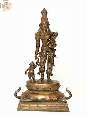 14" Standing Goddess Parvati with Baby Ganesha and Karttikeya | Bronze Statue