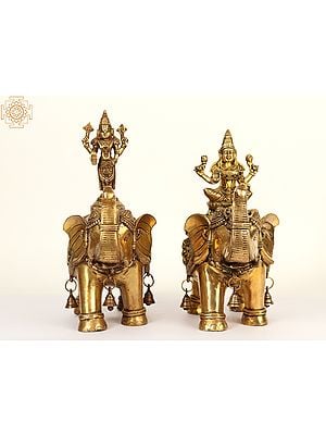 Lord Balaji and Maa Lakshmi Brass Statue on Elephant with Trunk Up