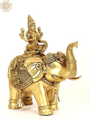 15" Goddess Lakshmi Seated on Elephant with Trunk Up