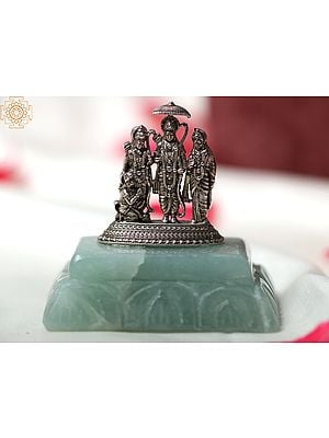 Silver Ram Darbar on Light Green Aventurine Gemstone with Gift Box