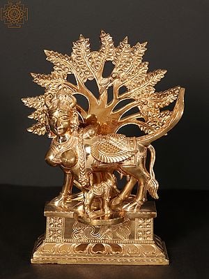 9" Kamadhenu Cow and Calf Idol Under the Kalpvriksh Tree | Bronze Statue