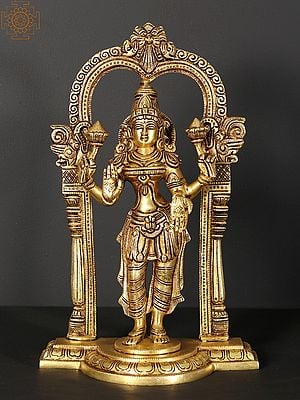 13" Standing Goddess Lakshmi Brass Statue with Kirtimukha Prabhavali