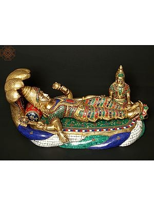 23" Shesha-Shayi Lord Vishnu Brass Statue with Inlay Work