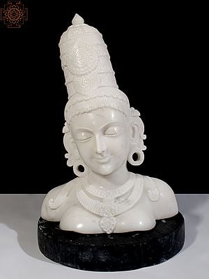 27" Marble Goddess Parvati Bust Statue on Black Stone Base