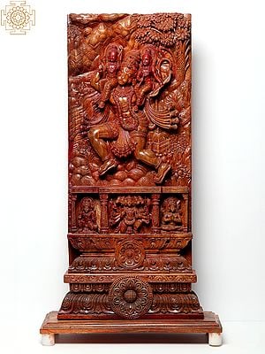 38" Superfine Wooden Carved Lord Hanuman Carrying Prabhu Ram and Sheshavatar Lakshaman on His Shoulder | Award Winning Sculpture