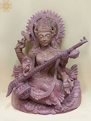 10" Devi Saraswati Statue in Pink Serpentine Stone