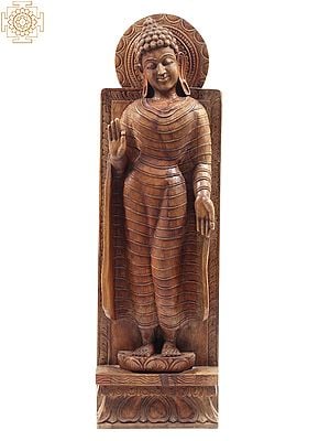 48" Large Standing Lord Buddha Idol in Vitark Mudra | Wooden Statue
