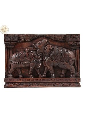 24" Wooden Carving Loving Elephants Panel