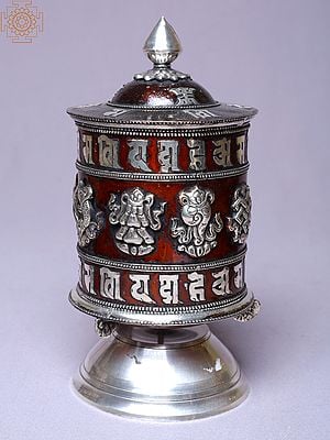 8" 2 Lines Mantra Ashtamangala Silver Plated Brown Prayer Wheel | Table Piece | Made in Nepal