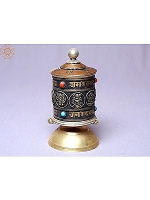 6" Ring Ashtamangala with 2 Lines Mantra Table Prayer Wheel | Made In Nepal