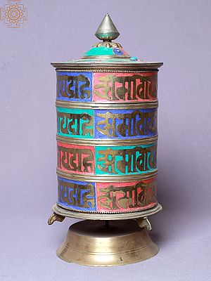 11" Four Lines Mantra Stone Setting Table Mane (Prayer Wheel) | Made In Nepal