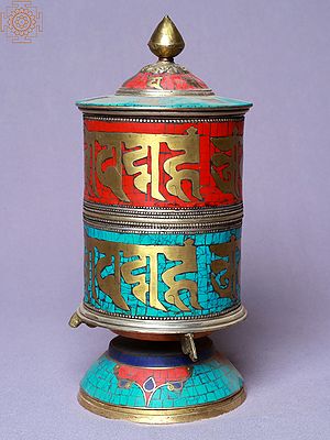 9" Tibetan Buddhist Table Prayer Wheel with Stone Work | Made In Nepal