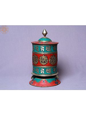 9" Tibetan Buddhist Ashtamangala Table Prayer Wheel with Stone Setting | Made In Nepal
