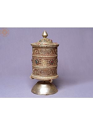 8" Three Lines Siku Extra Fine Silver Plated Prayer Wheel | Made In Nepal
