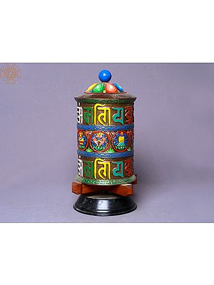 10" Two Lines Mantra Ashtamangala Extra Fine Colorful Prayer Wheel | Made In Nepal