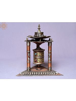 9" Three Pillar Triangle Copper Incense Burner Prayer Wheel (Mane) | Made In Nepal
