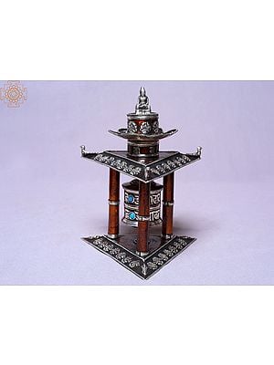 7" Silver Plated Copper 3 Pillars Mane/Prayer Wheel | Made In Nepal