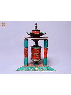 9" Three Pillars Extra Fine Stone Setting Prayer Wheel With Incense Burner