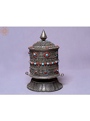 9" Extra Fine Siku Table Prayer Wheel with Stone Work