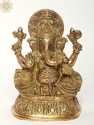 9" Chaturbhuja Lord Ganesha Brass Idol Seated on Pedestal
