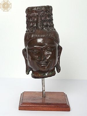 11" Buddha Head Statue On Wooden Stand