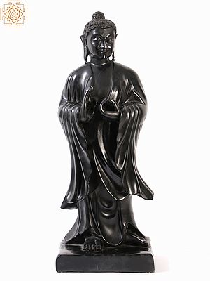 27" Black Marble Standing Dharmachakra Buddha Statue