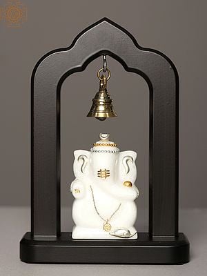 8" Marble Ganesha Statue with Hanging Bell