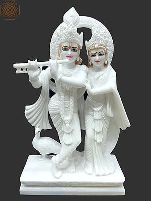21" Devine Pair of Radha Krishna in White Marble