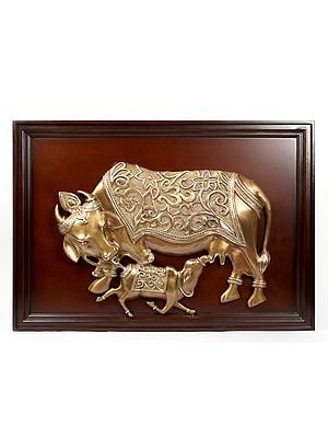 40" Large Wooden Framed Kamadhenu Cow and Calf in Brass | Wall Hanging