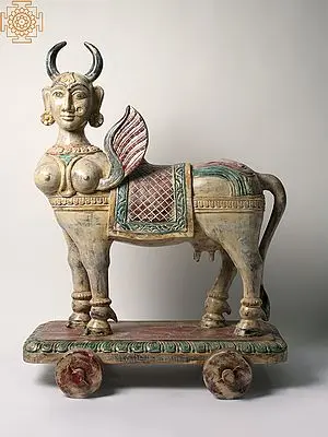 34" Wooden Kamadhenu Cow with Wheels