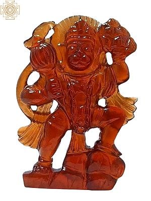 Lord Hanuman Holding Mountain of Sanjeevani Herbs | Gomed (Hessonite) Gemstone Statue