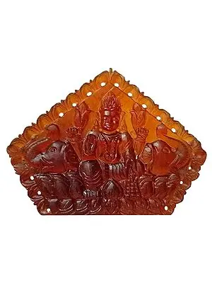 Goddess Gajalakshmi Statue Carved in Gomed (Hessonite) Gemstone