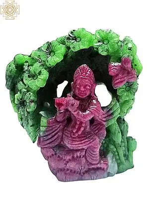 African Ruby Gemstone Statue of Fluting Krishna Under The Tree