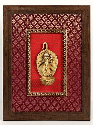 14" Lord Ganesha with Diya in Brass | Wooden Wall Hanging Frame