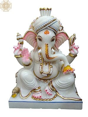 Ganesha With Turben In White Marble (Multiple Sizes)