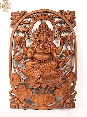 Wooden Carved Chaturbhuj Ganesh | Wall Hanging Statue