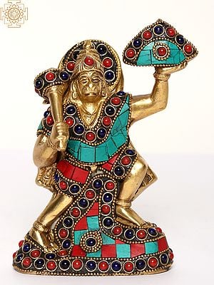8" Lord Hanuman Idol Lifting the Sanjivani Mountain | Brass Sculpture with Inlay Work